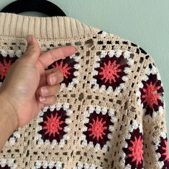PacSun Womens Large Crochet Granny Square Cardigan Pink Tan Cotton Knit Sweater - Picture 4 of 13